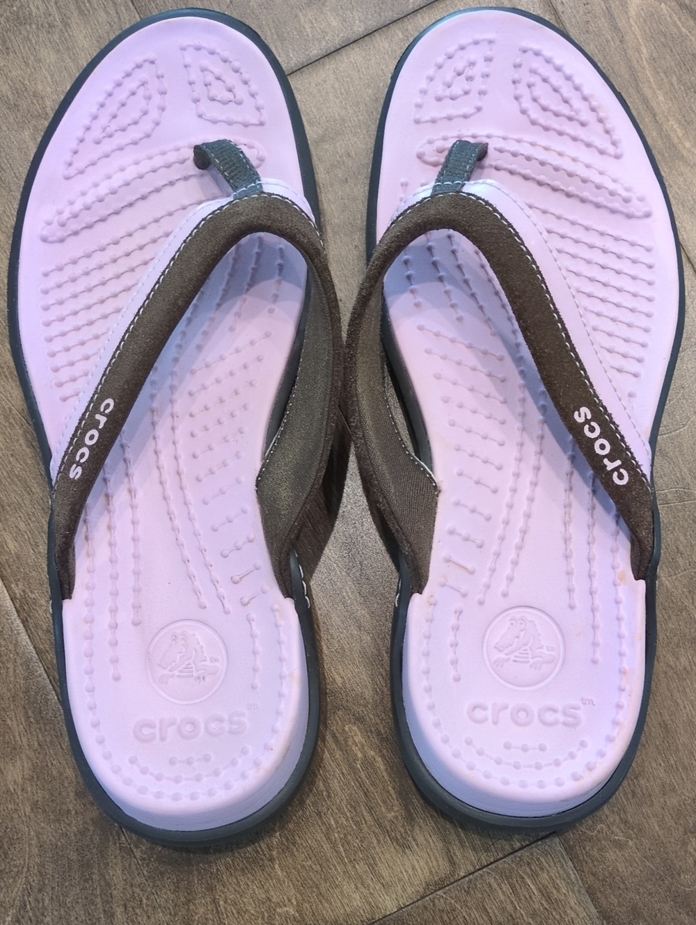 CROCS Pink Footbed Brown Strap Women's Flip Sandals Size 8